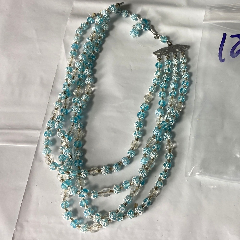 Multi Strand Blue AB Crystal Beaded Necklace Choker Silver Tone Clasp